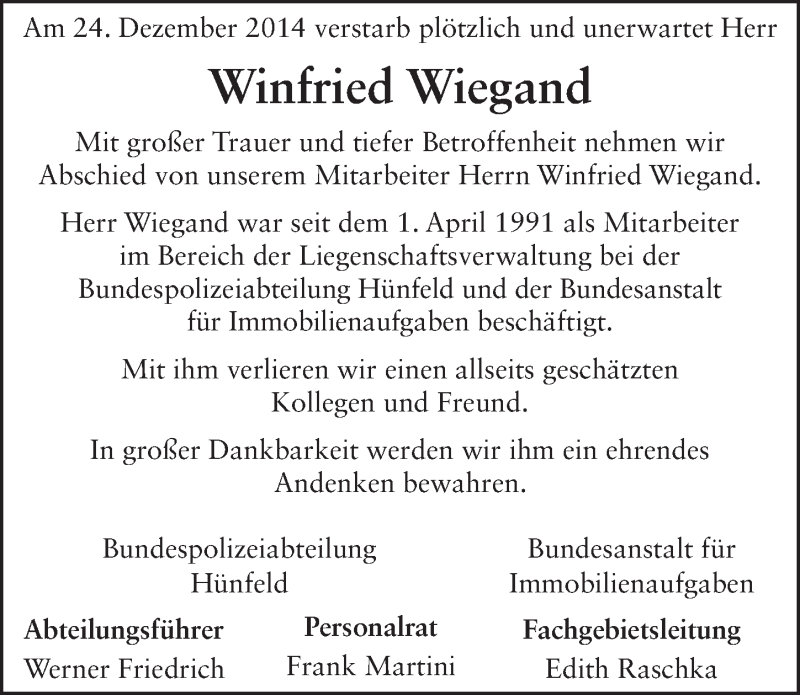  Traueranzeige für Winfried Wiegand vom 30.12.2014 aus 