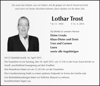 Traueranzeige von Lothar Trost 