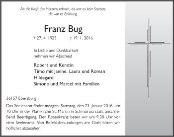 Traueranzeige von Franz Bug 