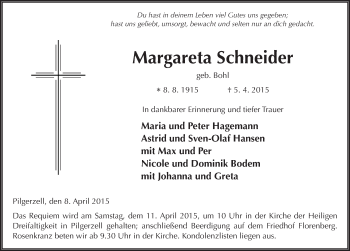 Traueranzeige von Margareta Schneider 