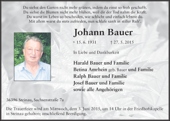 Traueranzeige von Johann Bauer 