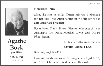 Traueranzeige von Agathe Bock 