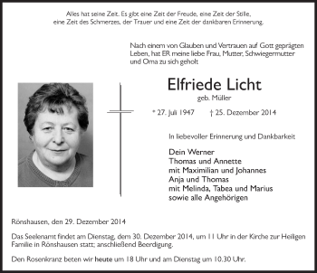 Traueranzeige von Elfriede Licht 