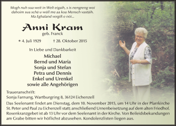 Traueranzeige von Anni Kram 