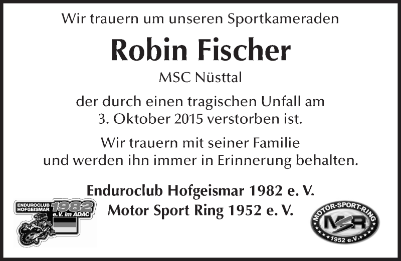  Traueranzeige für Robin Fischer vom 09.10.2015 aus 