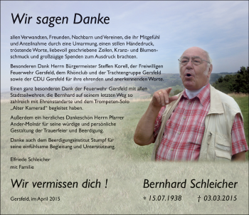Traueranzeige von Bernhard Schleicher 
