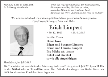 Traueranzeige von Erich Limpert 