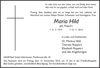 Traueranzeige von Maria Hild 