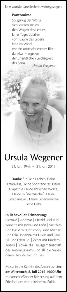 Traueranzeige von Ursula Wegener 