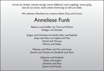 Traueranzeige von Anneliese Funk 