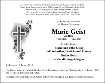 Traueranzeige von Marie Geist 