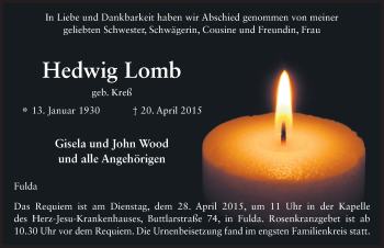 Traueranzeige von Hedwig Lomb 