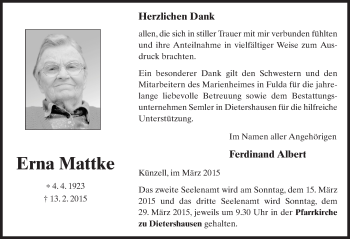 Traueranzeige von Erna Mattke 