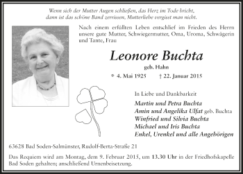 Traueranzeige von Leonore Buchta von Fuldaer Zeitung