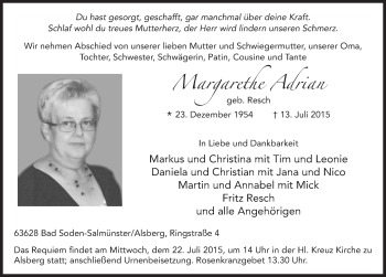 Traueranzeige von Margaretha Adrian 
