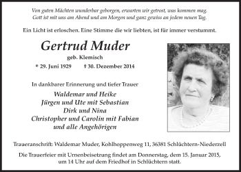 Traueranzeige von Gertrud Muder 