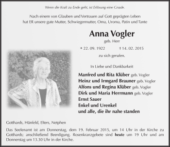 Traueranzeige von Anna Vogler 