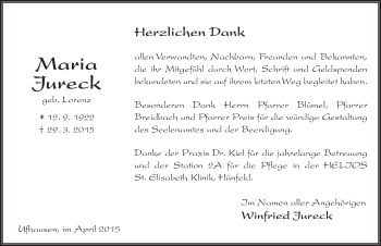 Traueranzeige von Maria Jureck 
