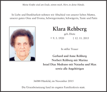 Traueranzeige von Klara Rehberg 