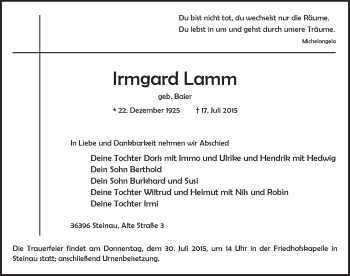 Traueranzeige von Irmgard Lamm 