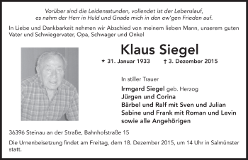 Traueranzeige von Klaus Siegel 