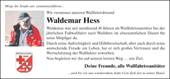 Traueranzeige von Waldemar Hess 