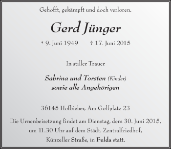 Traueranzeige von Gerd Jünger 