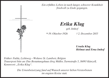 Traueranzeige von Erika Klug 