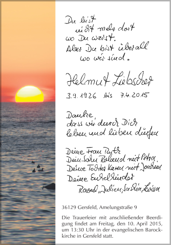 Traueranzeige von Helmut Liebscher 