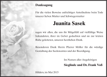 Traueranzeige von Juanita Sasek 