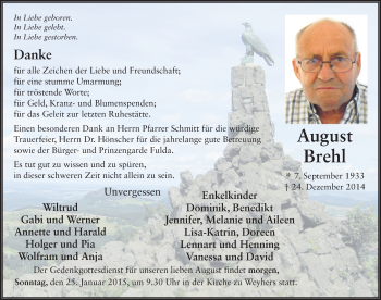 Traueranzeige von August Brehl 