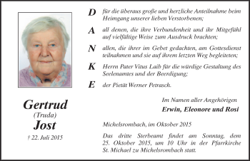Traueranzeige von Gertrud Jost 