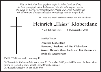 Traueranzeige von Heinrich Kloberdanz 