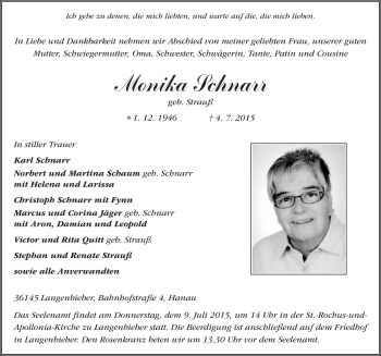 Traueranzeige von Monika Schnarr 