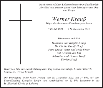 Traueranzeige von Werner Krauß 