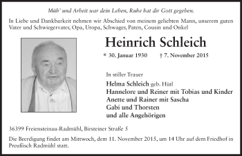 Traueranzeige von Heinrich Schleich 