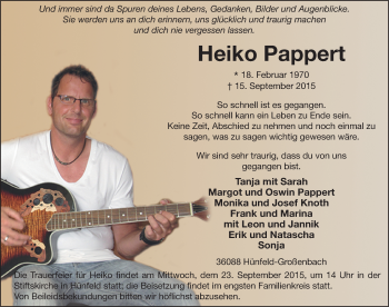 Traueranzeige von Heiko Pappert 
