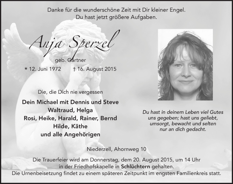  Traueranzeige für Anja Sperzel vom 19.08.2015 aus 