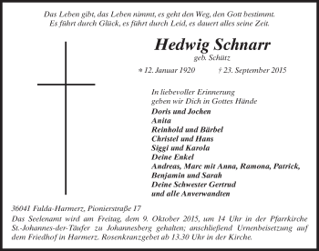 Traueranzeige von Hedwig Schnarr 