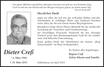 Traueranzeige von Dieter Creß 