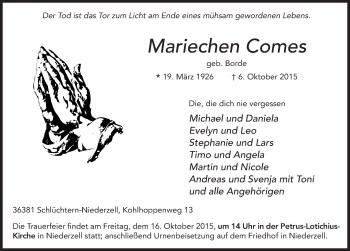 Traueranzeige von Mariechen Comes 