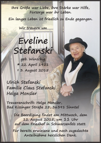 Traueranzeige von Eveline Stefanski 