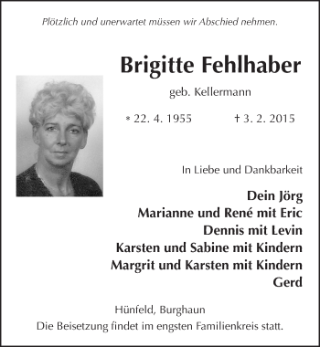 Traueranzeige von Brigitte Fehlhaber 