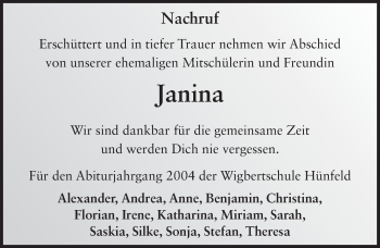 Traueranzeige von Janina Müller 