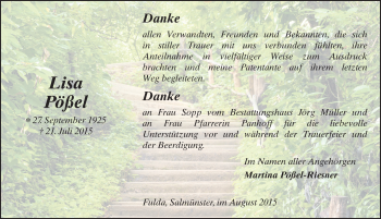Traueranzeige von Lisa Pößel 