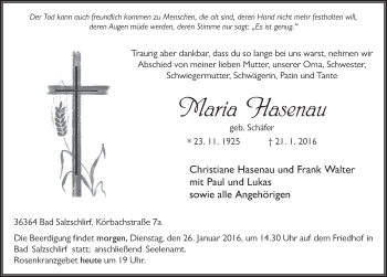 Traueranzeige von Maria Hasenau 