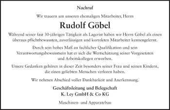 Traueranzeige von Rudolf Göbel 