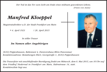 Traueranzeige von Manfred Kloeppel 