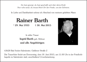 Traueranzeige von Rainer Barth 