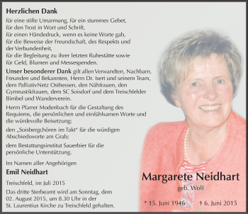 Traueranzeige von Margarete Neidhart 